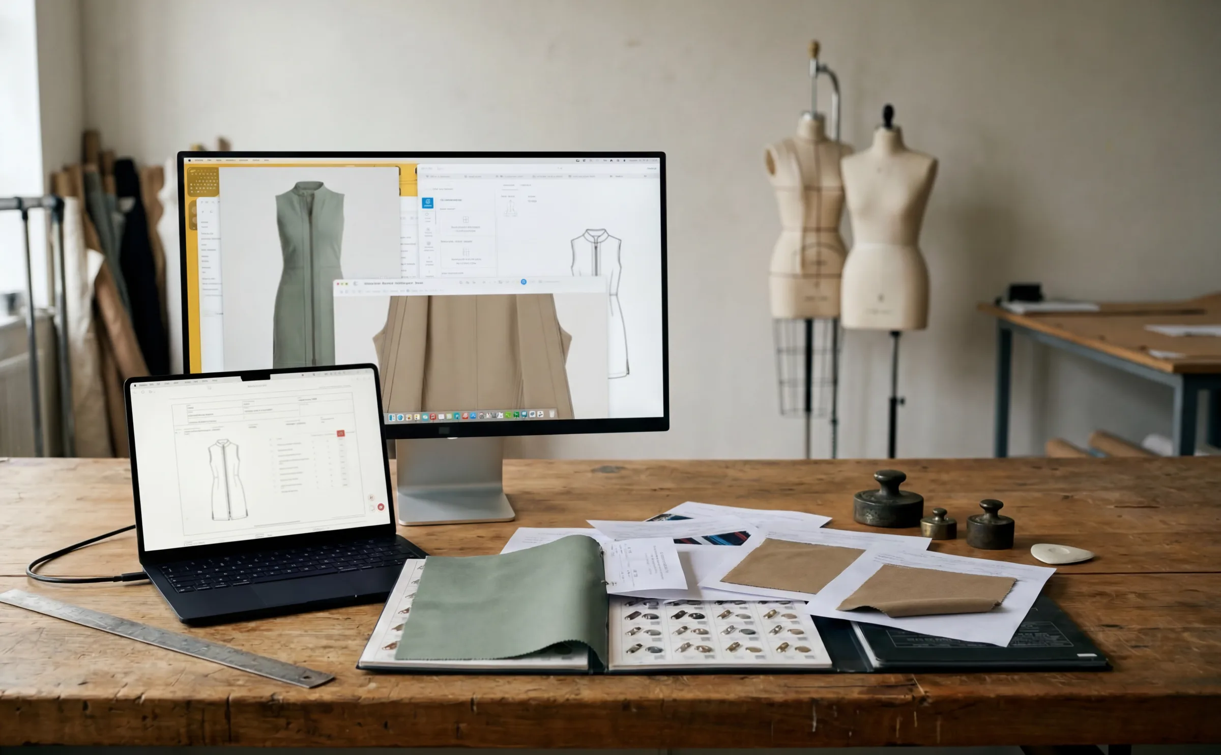 A working fashion product developer's bench.